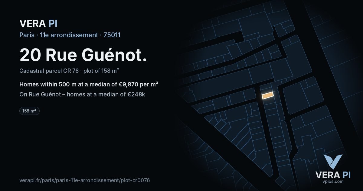 20 Rue Guénot, 11e arrondissement at night – the plot lit, the parcels around coloured by the prices near them
