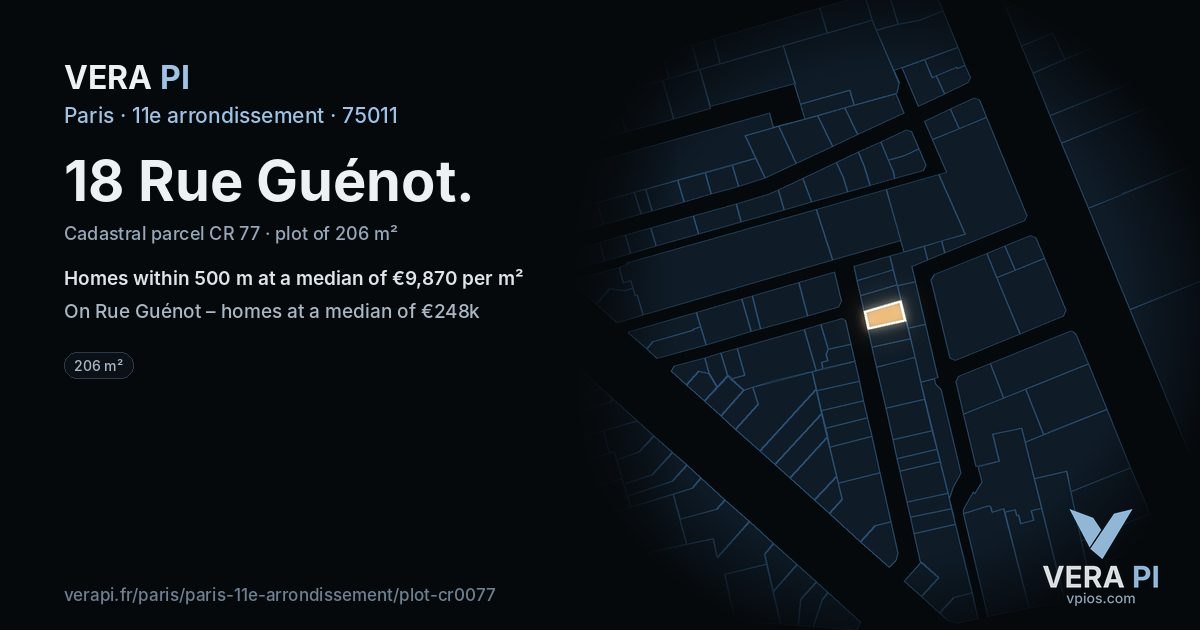 18 Rue Guénot, 11e arrondissement at night – the plot lit, the parcels around coloured by the prices near them