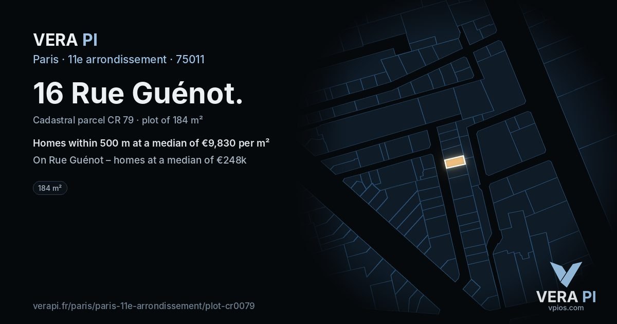 16 Rue Guénot, 11e arrondissement at night – the plot lit, the parcels around coloured by the prices near them