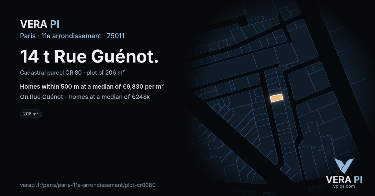 14 t Rue Guénot, 11e arrondissement at night – the plot lit, the parcels around coloured by the prices near them