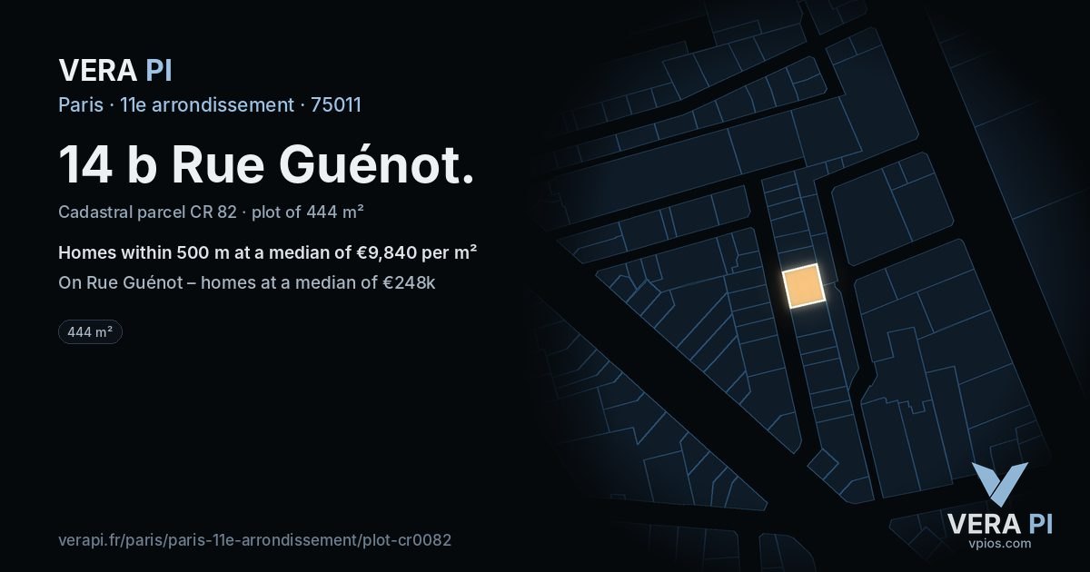 14 b Rue Guénot, 11e arrondissement at night – the plot lit, the parcels around coloured by the prices near them