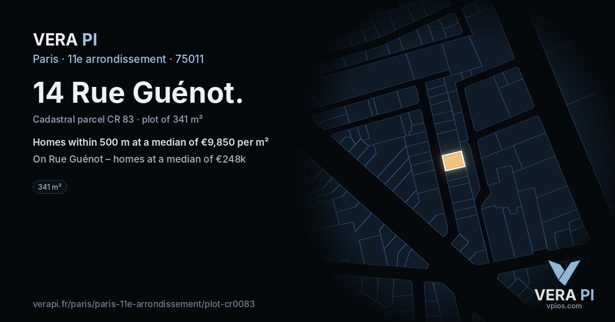 14 Rue Guénot, 11e arrondissement at night – the plot lit, the parcels around coloured by the prices near them