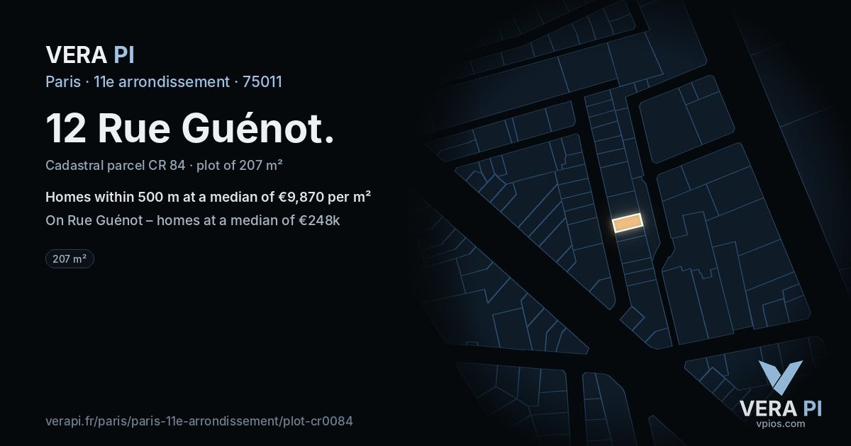 12 Rue Guénot, 11e arrondissement at night – the plot lit, the parcels around coloured by the prices near them