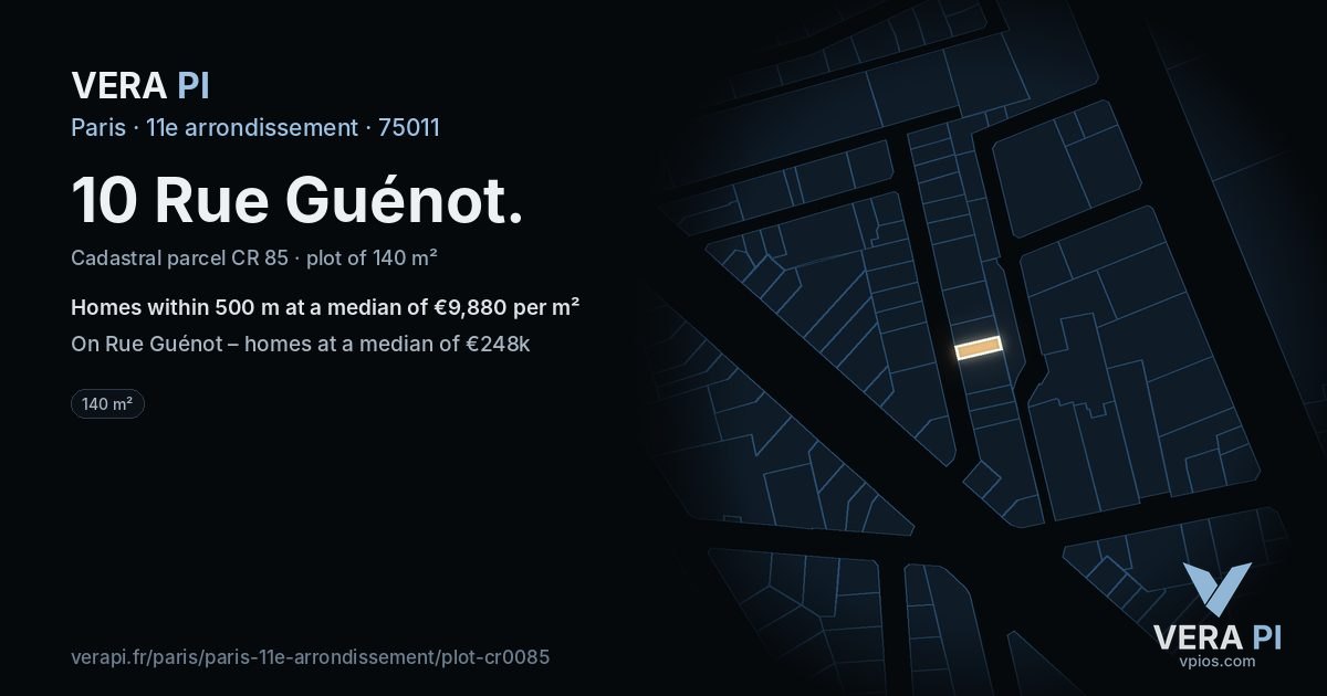 10 Rue Guénot, 11e arrondissement at night – the plot lit, the parcels around coloured by the prices near them