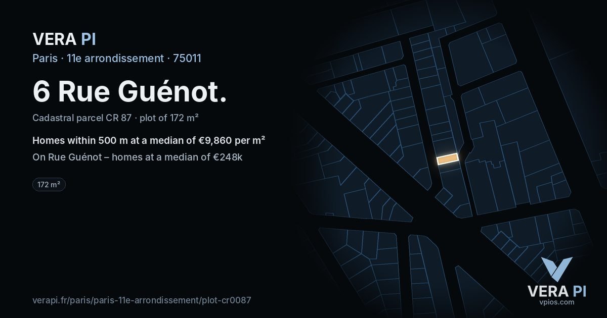 6 Rue Guénot, 11e arrondissement at night – the plot lit, the parcels around coloured by the prices near them