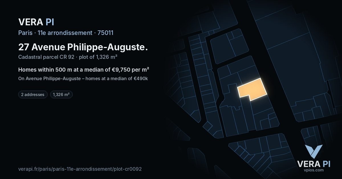 27 Avenue Philippe-Auguste, 11e arrondissement at night – the plot lit, the parcels around coloured by the prices near them