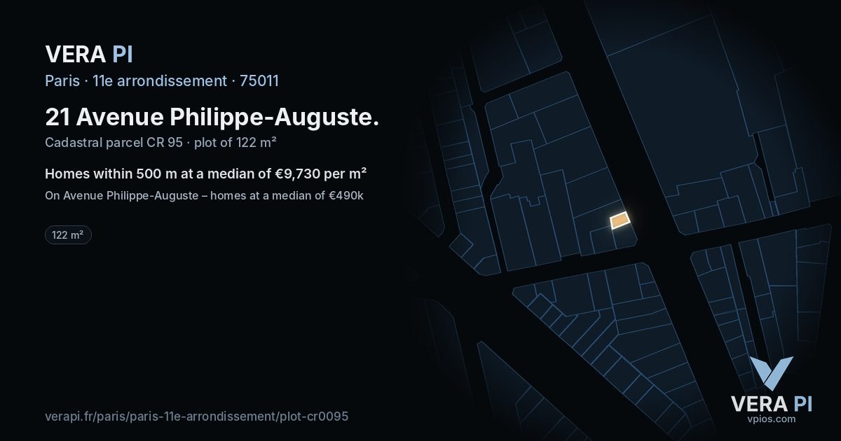 21 Avenue Philippe-Auguste, 11e arrondissement at night – the plot lit, the parcels around coloured by the prices near them