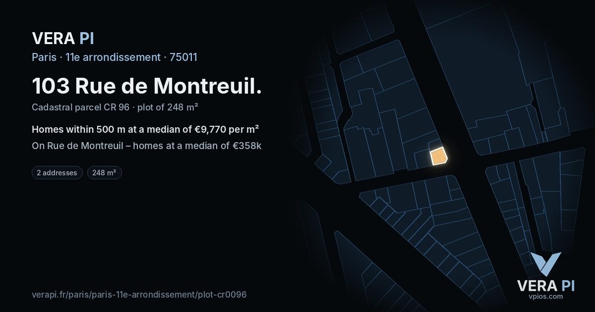 103 Rue de Montreuil, 11e arrondissement at night – the plot lit, the parcels around coloured by the prices near them