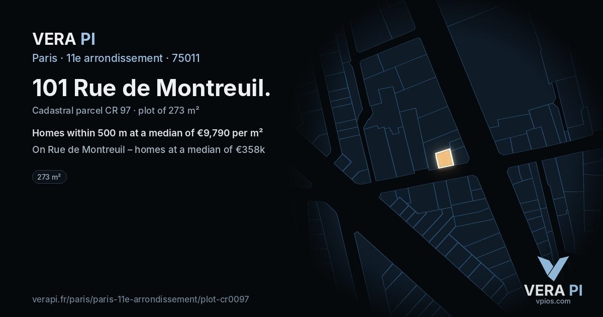 101 Rue de Montreuil, 11e arrondissement at night – the plot lit, the parcels around coloured by the prices near them