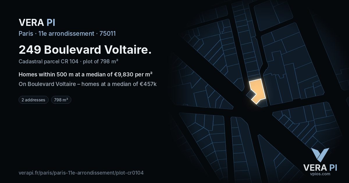 249 Boulevard Voltaire, 11e arrondissement at night – the plot lit, the parcels around coloured by the prices near them