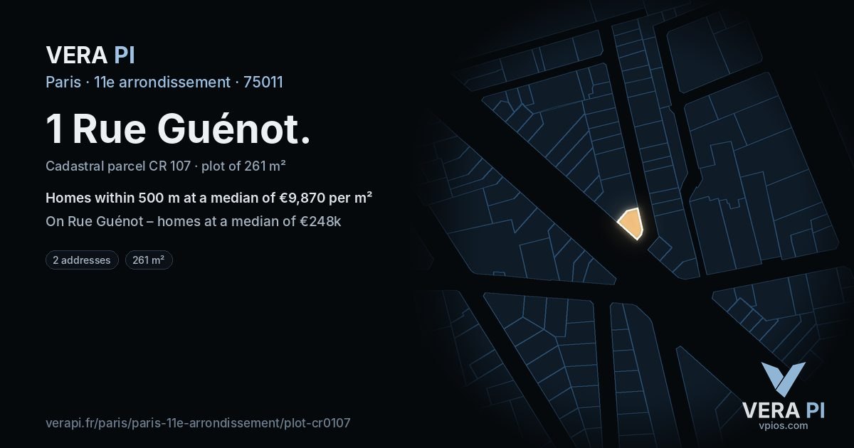 1 Rue Guénot, 11e arrondissement at night – the plot lit, the parcels around coloured by the prices near them