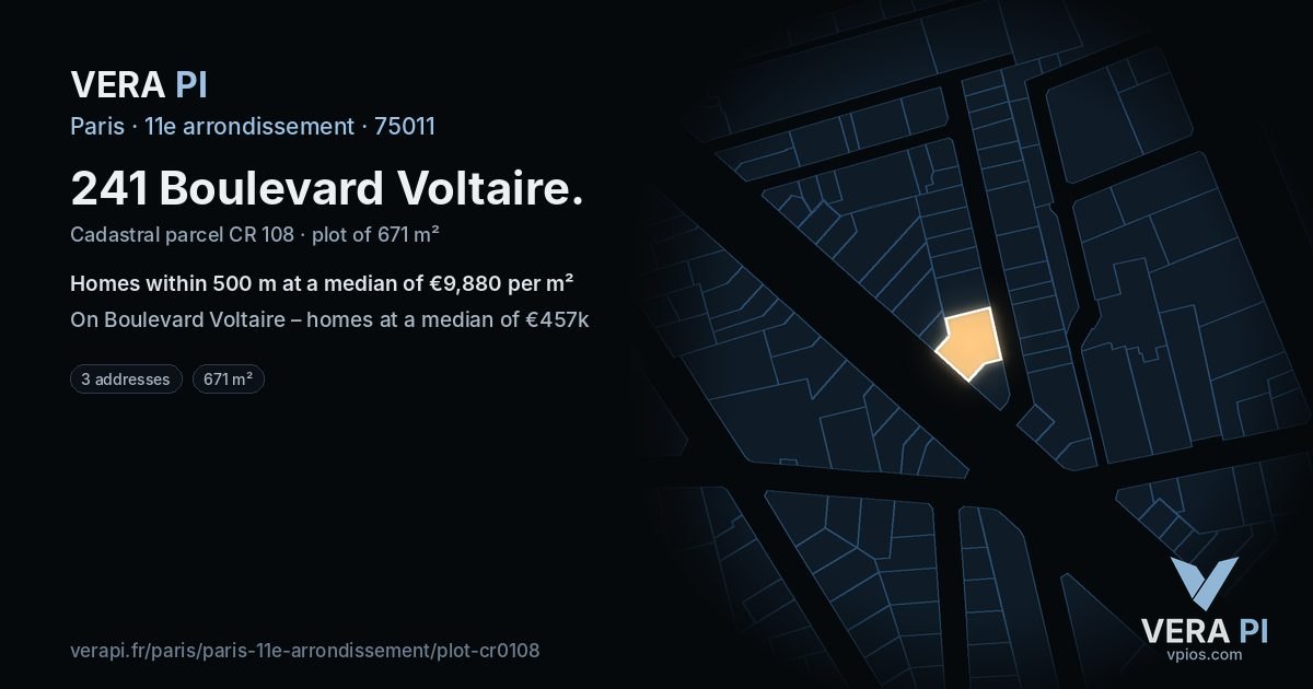 241 Boulevard Voltaire, 11e arrondissement at night – the plot lit, the parcels around coloured by the prices near them