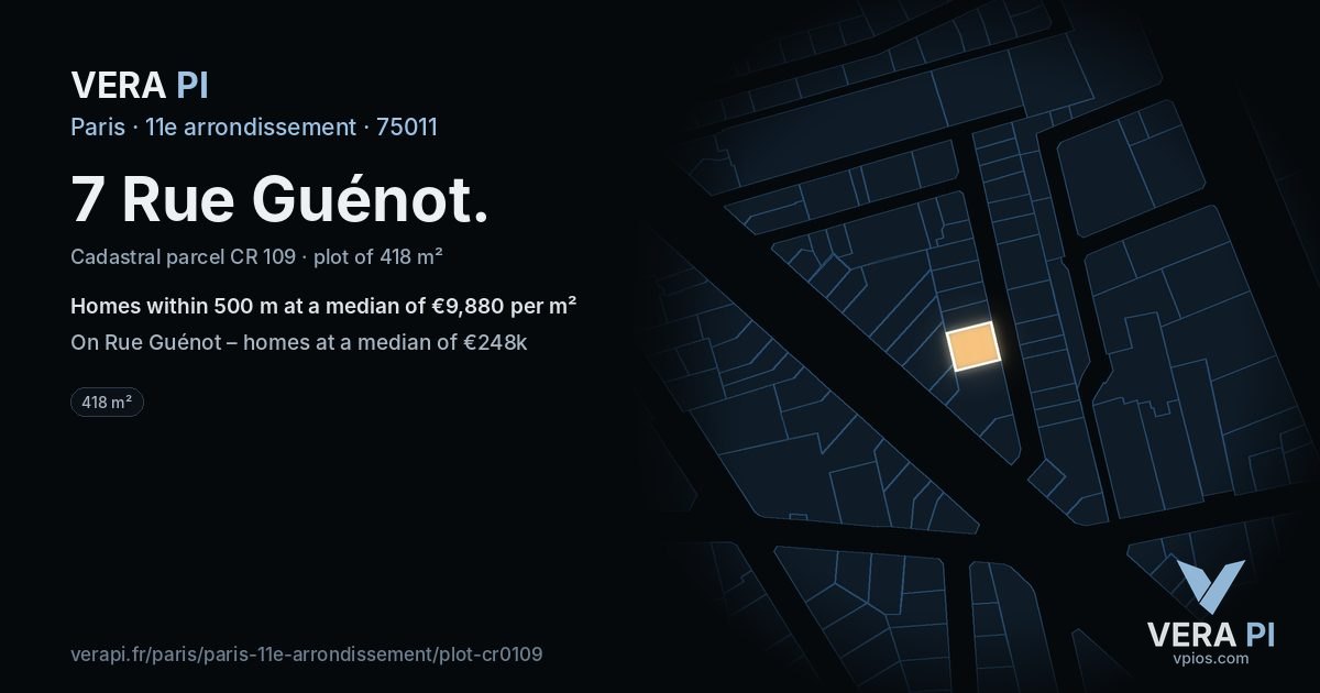 7 Rue Guénot, 11e arrondissement at night – the plot lit, the parcels around coloured by the prices near them