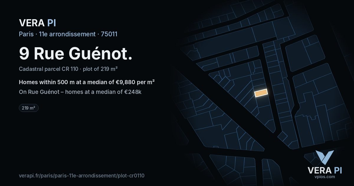 9 Rue Guénot, 11e arrondissement at night – the plot lit, the parcels around coloured by the prices near them