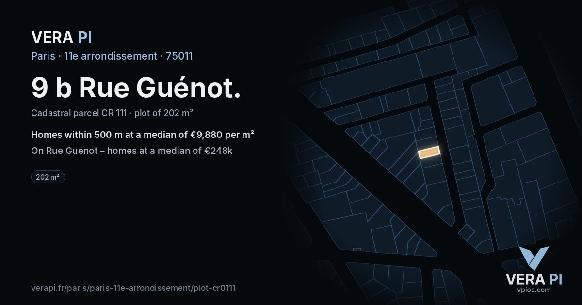 9 b Rue Guénot, 11e arrondissement at night – the plot lit, the parcels around coloured by the prices near them