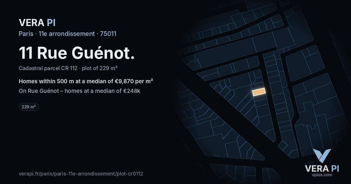 11 Rue Guénot, 11e arrondissement at night – the plot lit, the parcels around coloured by the prices near them
