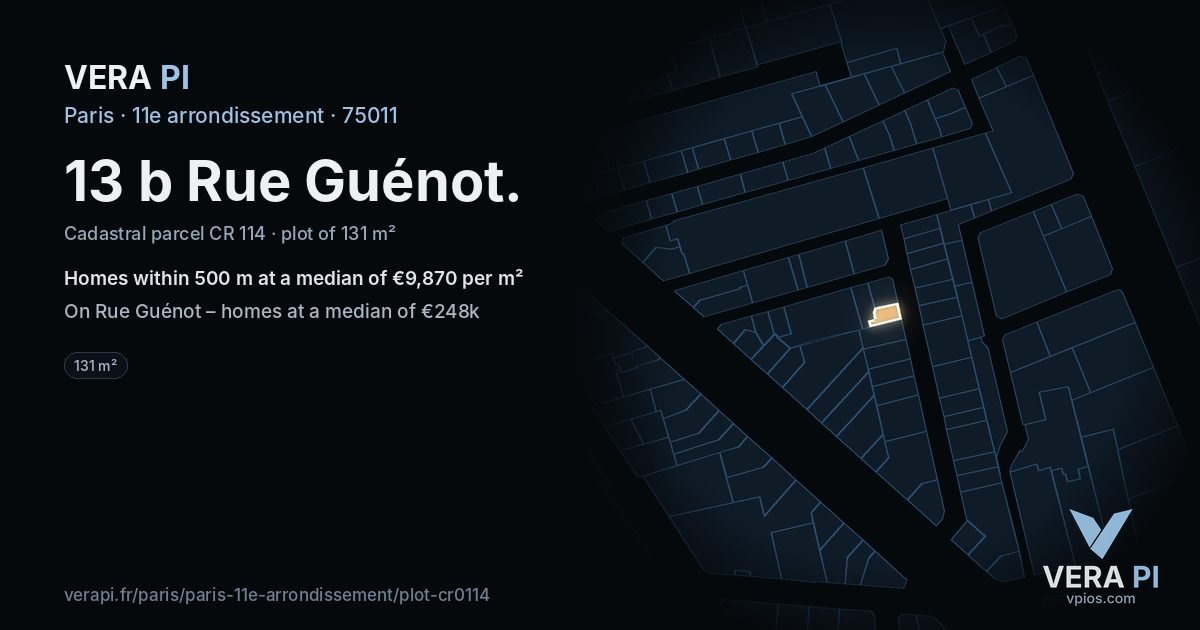 13 b Rue Guénot, 11e arrondissement at night – the plot lit, the parcels around coloured by the prices near them