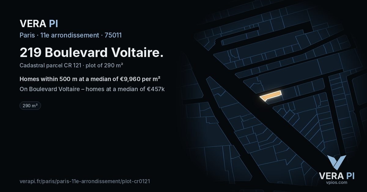 219 Boulevard Voltaire, 11e arrondissement at night – the plot lit, the parcels around coloured by the prices near them