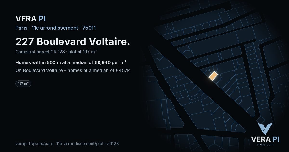 227 Boulevard Voltaire, 11e arrondissement at night – the plot lit, the parcels around coloured by the prices near them