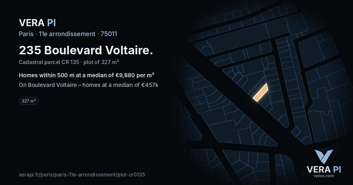 235 Boulevard Voltaire, 11e arrondissement at night – the plot lit, the parcels around coloured by the prices near them