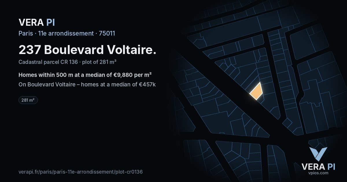 237 Boulevard Voltaire, 11e arrondissement at night – the plot lit, the parcels around coloured by the prices near them