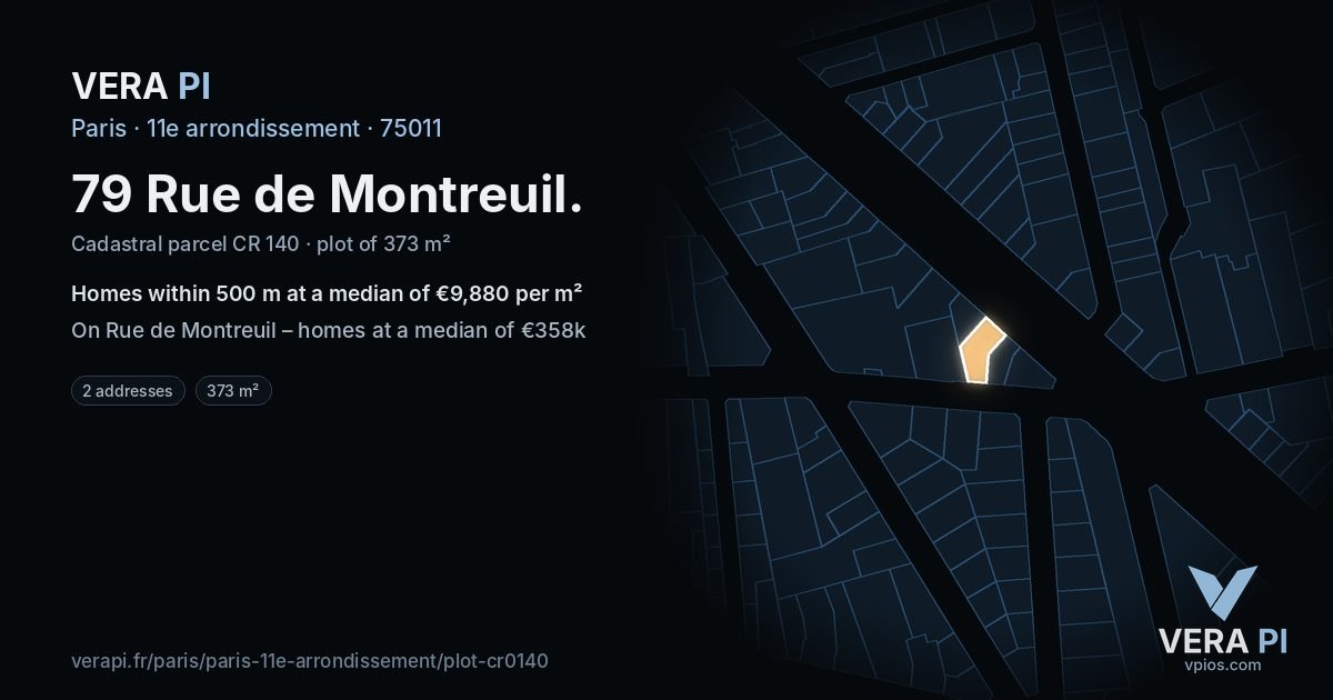 79 Rue de Montreuil, 11e arrondissement at night – the plot lit, the parcels around coloured by the prices near them
