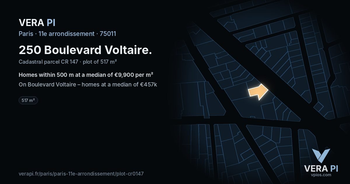 250 Boulevard Voltaire, 11e arrondissement at night – the plot lit, the parcels around coloured by the prices near them