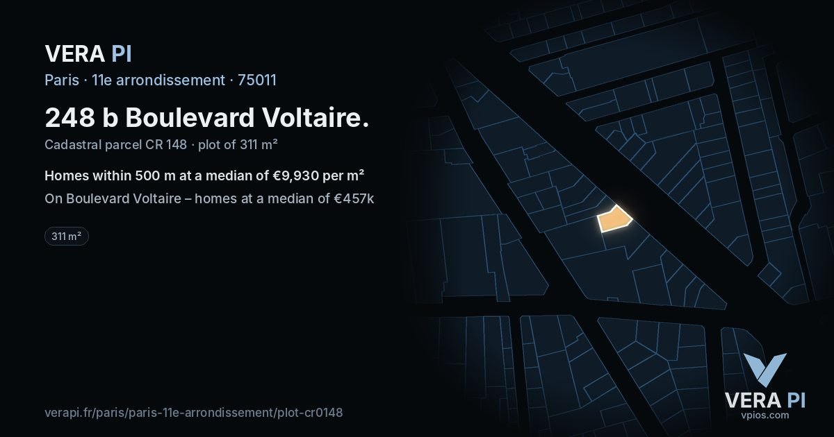 248 b Boulevard Voltaire, 11e arrondissement at night – the plot lit, the parcels around coloured by the prices near them
