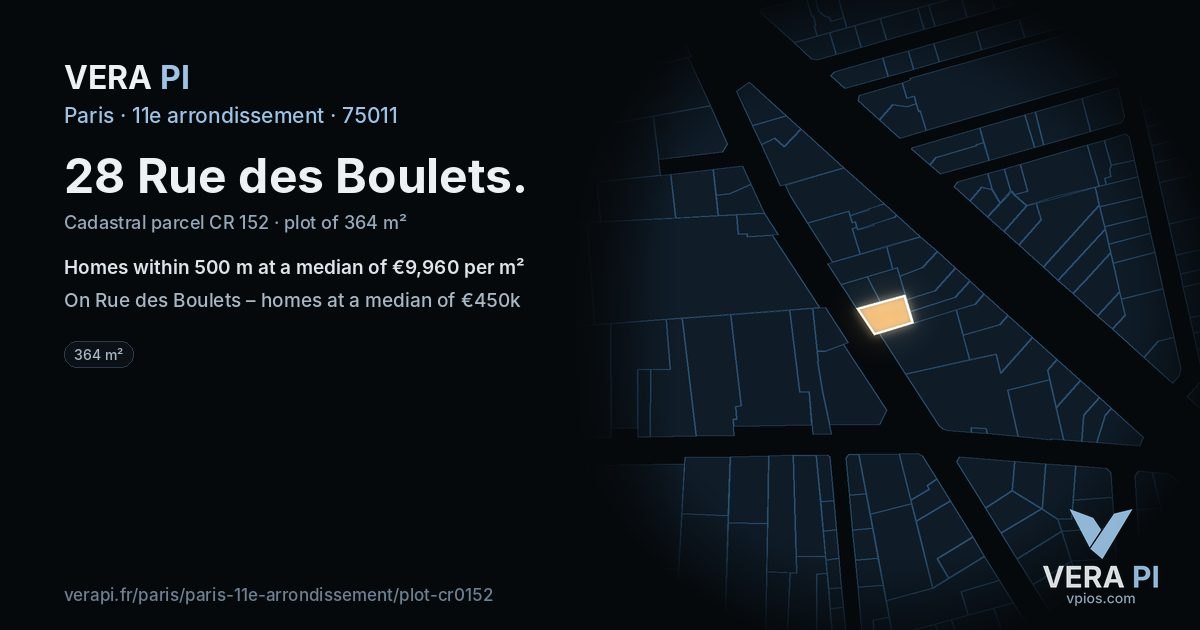 28 Rue des Boulets, 11e arrondissement at night – the plot lit, the parcels around coloured by the prices near them