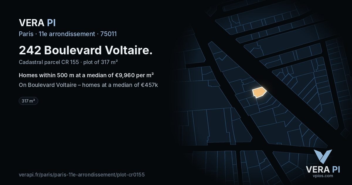 242 Boulevard Voltaire, 11e arrondissement at night – the plot lit, the parcels around coloured by the prices near them