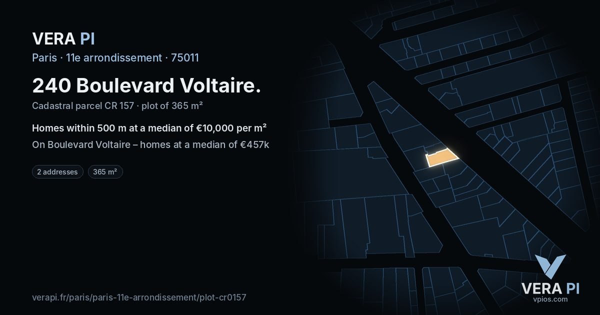 240 Boulevard Voltaire, 11e arrondissement at night – the plot lit, the parcels around coloured by the prices near them