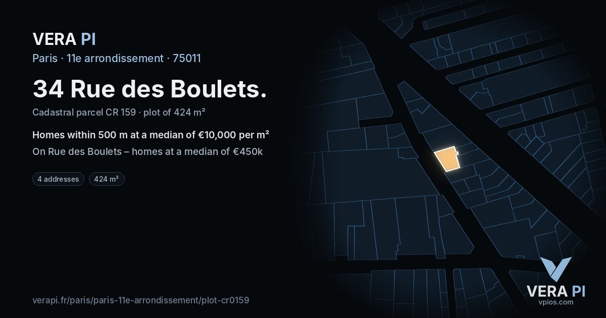 34 Rue des Boulets, 11e arrondissement at night – the plot lit, the parcels around coloured by the prices near them