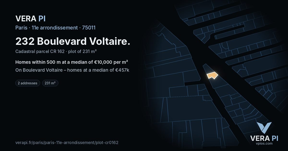 232 Boulevard Voltaire, 11e arrondissement at night – the plot lit, the parcels around coloured by the prices near them