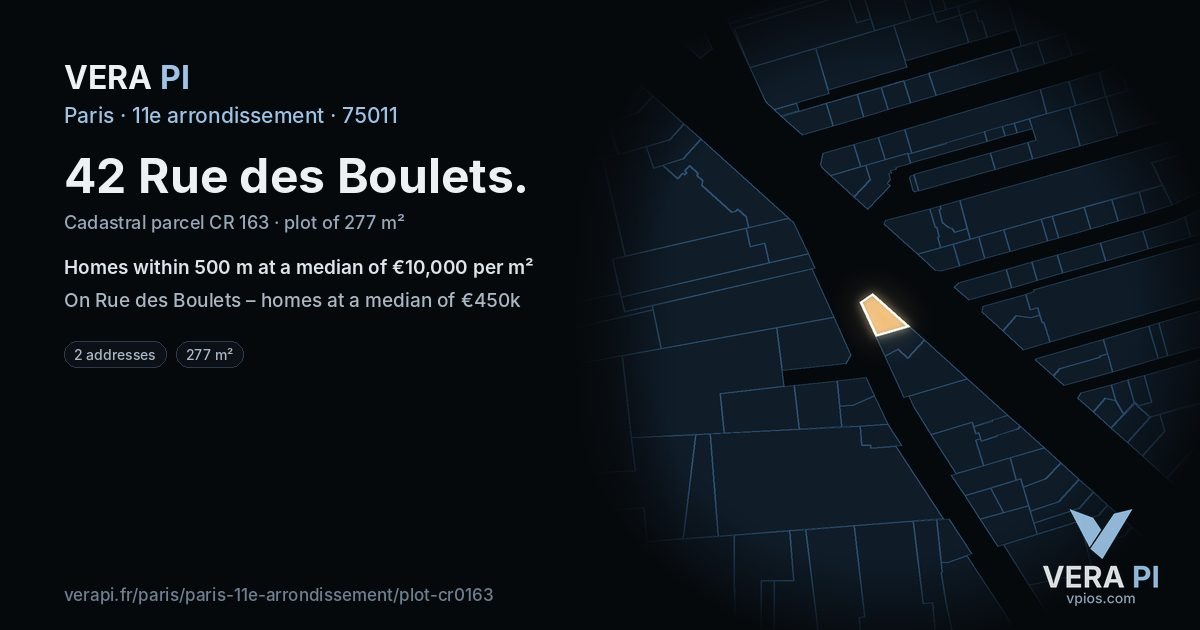 42 Rue des Boulets, 11e arrondissement at night – the plot lit, the parcels around coloured by the prices near them