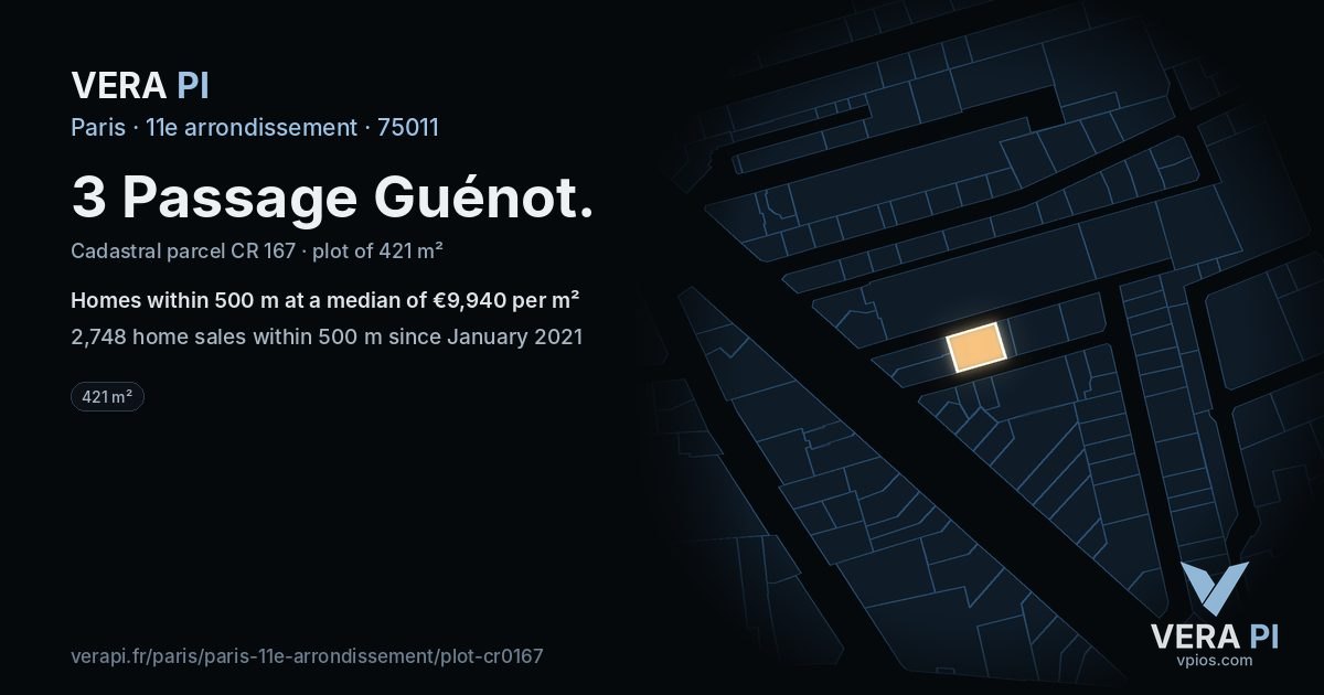 3 Passage Guénot, 11e arrondissement at night – the plot lit, the parcels around coloured by the prices near them