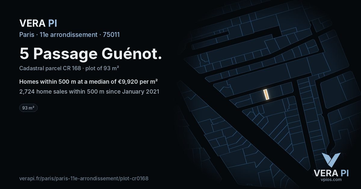 5 Passage Guénot, 11e arrondissement at night – the plot lit, the parcels around coloured by the prices near them