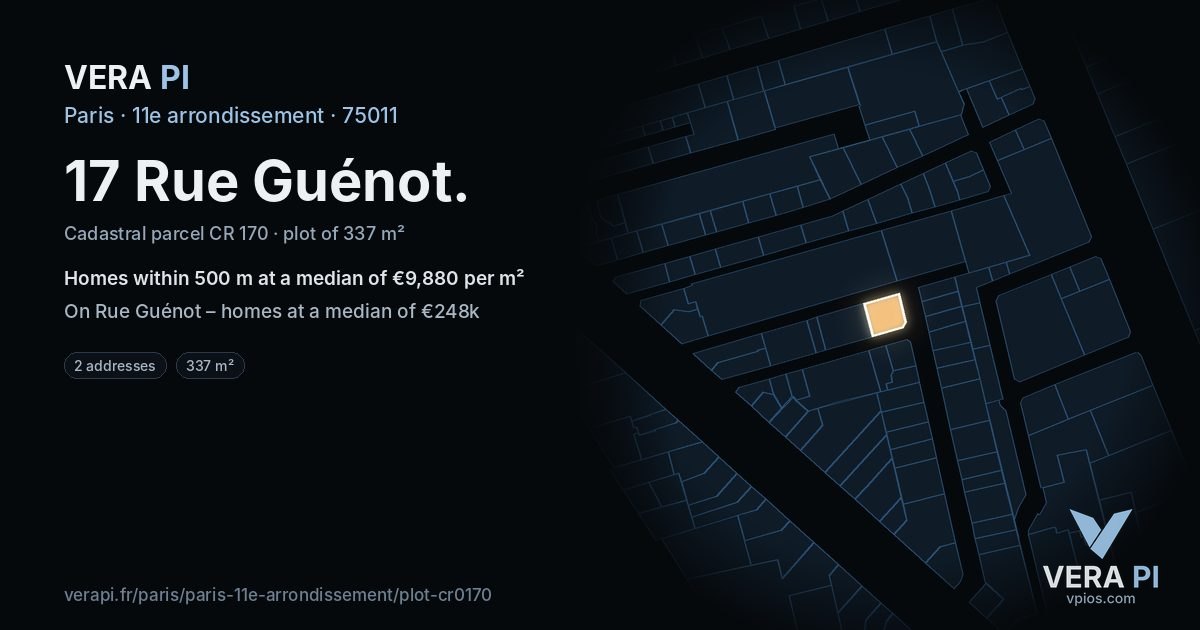 17 Rue Guénot, 11e arrondissement at night – the plot lit, the parcels around coloured by the prices near them