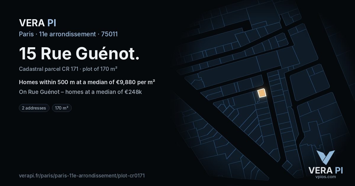15 Rue Guénot, 11e arrondissement at night – the plot lit, the parcels around coloured by the prices near them