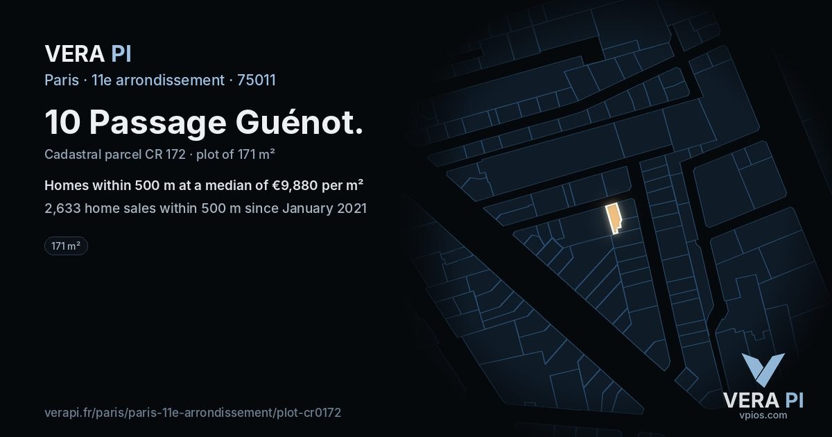 10 Passage Guénot, 11e arrondissement at night – the plot lit, the parcels around coloured by the prices near them