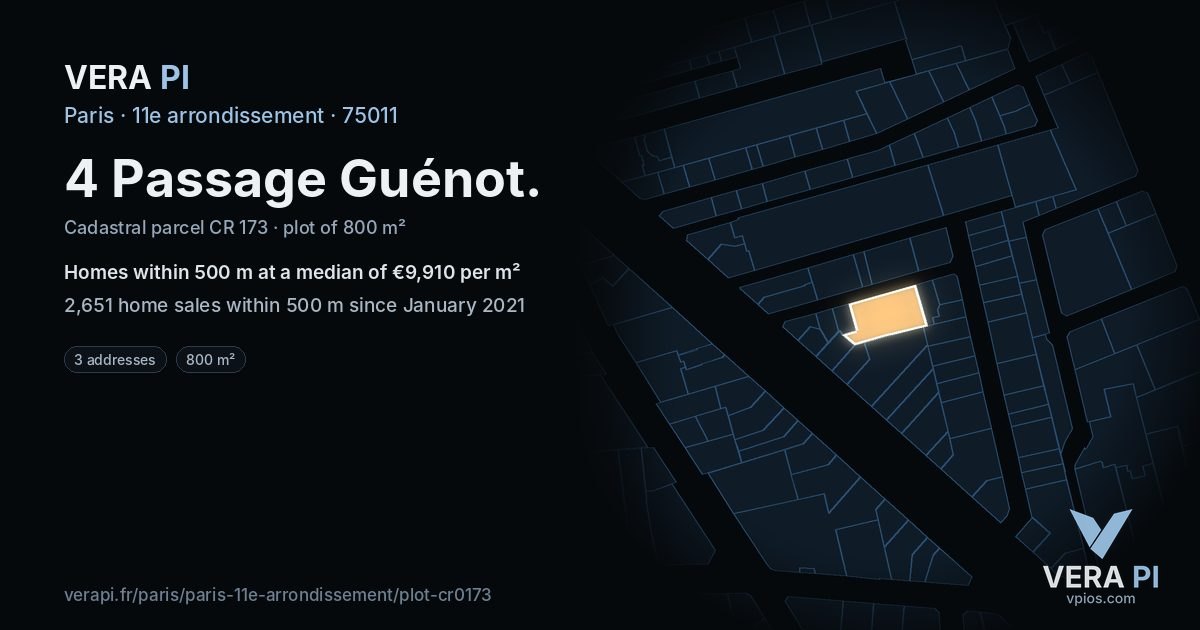 4 Passage Guénot, 11e arrondissement at night – the plot lit, the parcels around coloured by the prices near them