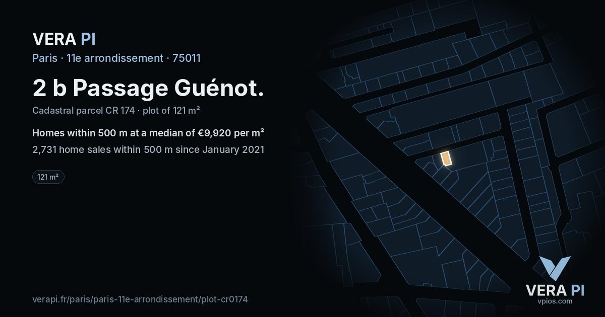 2 b Passage Guénot, 11e arrondissement at night – the plot lit, the parcels around coloured by the prices near them