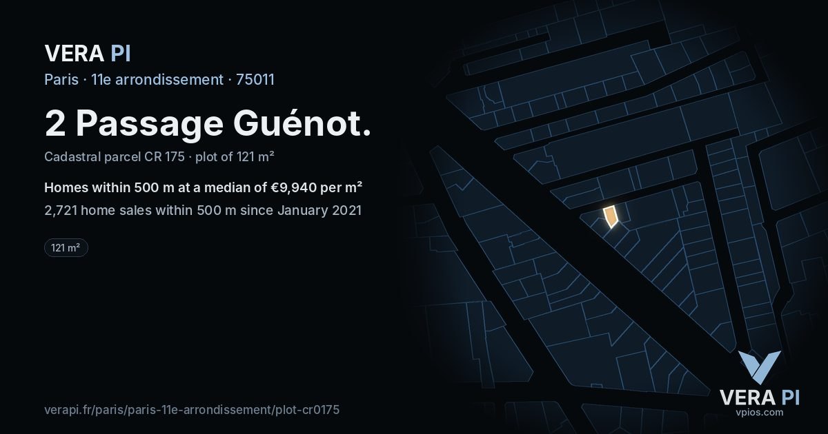 2 Passage Guénot, 11e arrondissement at night – the plot lit, the parcels around coloured by the prices near them