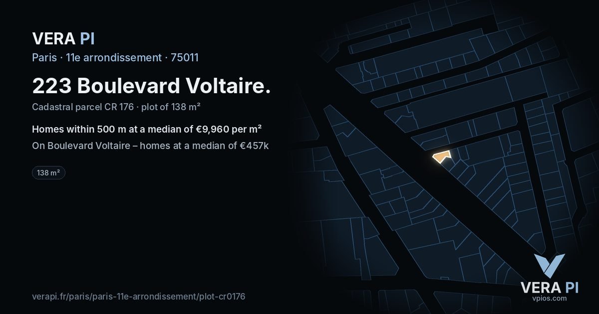 223 Boulevard Voltaire, 11e arrondissement at night – the plot lit, the parcels around coloured by the prices near them
