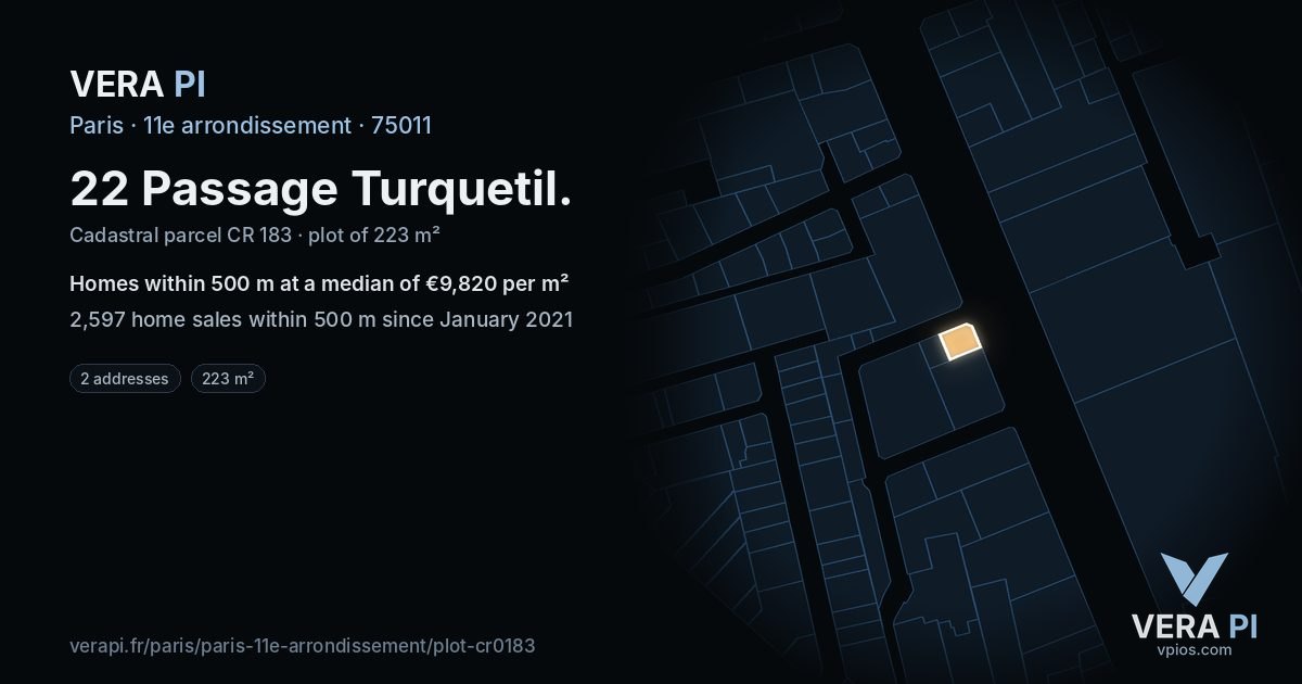 22 Passage Turquetil, 11e arrondissement at night – the plot lit, the parcels around coloured by the prices near them