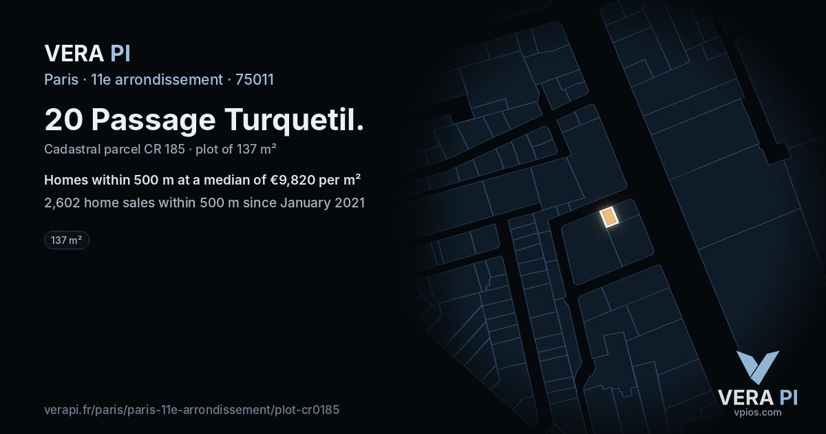 20 Passage Turquetil, 11e arrondissement at night – the plot lit, the parcels around coloured by the prices near them