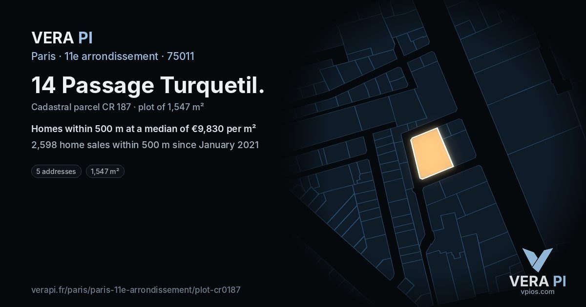 14 Passage Turquetil, 11e arrondissement at night – the plot lit, the parcels around coloured by the prices near them
