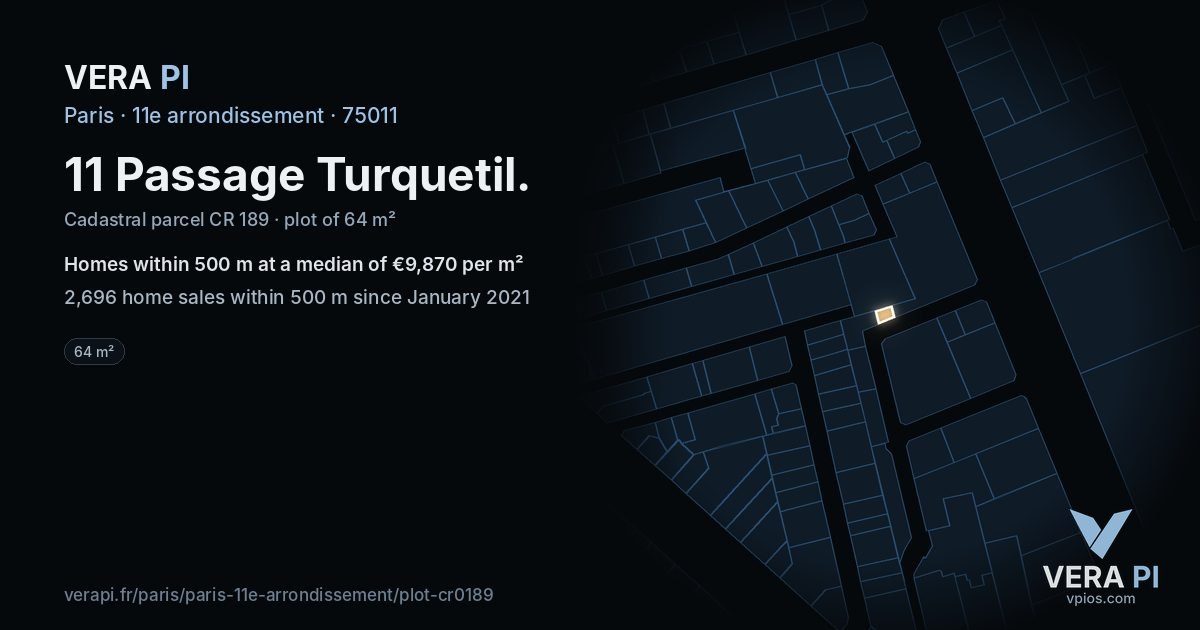11 Passage Turquetil, 11e arrondissement at night – the plot lit, the parcels around coloured by the prices near them
