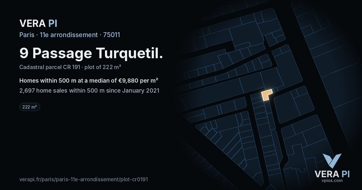 9 Passage Turquetil, 11e arrondissement at night – the plot lit, the parcels around coloured by the prices near them