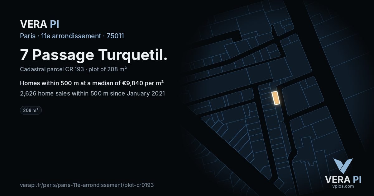 7 Passage Turquetil, 11e arrondissement at night – the plot lit, the parcels around coloured by the prices near them