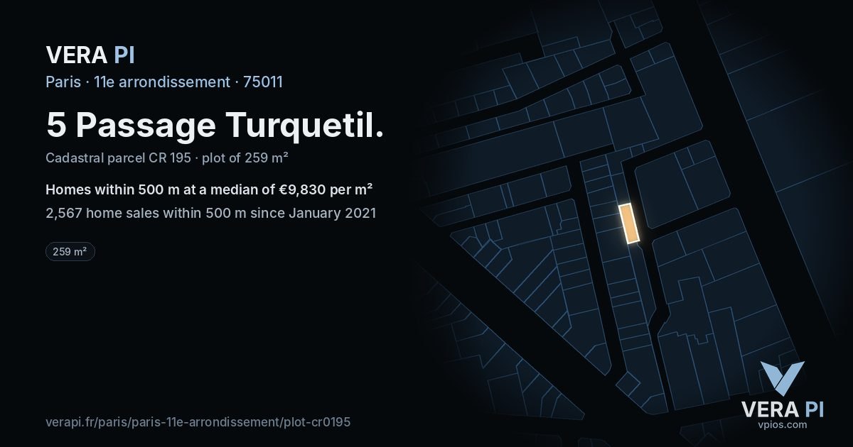 5 Passage Turquetil, 11e arrondissement at night – the plot lit, the parcels around coloured by the prices near them